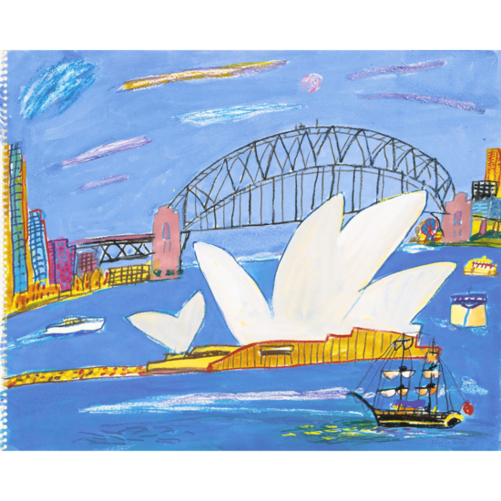 ケン・ドーンの絵画作品　タイトルは、Bridge and Opera House, sailing ship, 1995
